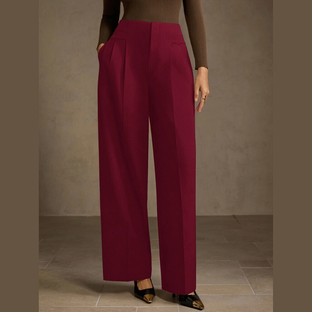 Burgundy Pleated High Waist Wide Leg Trousers